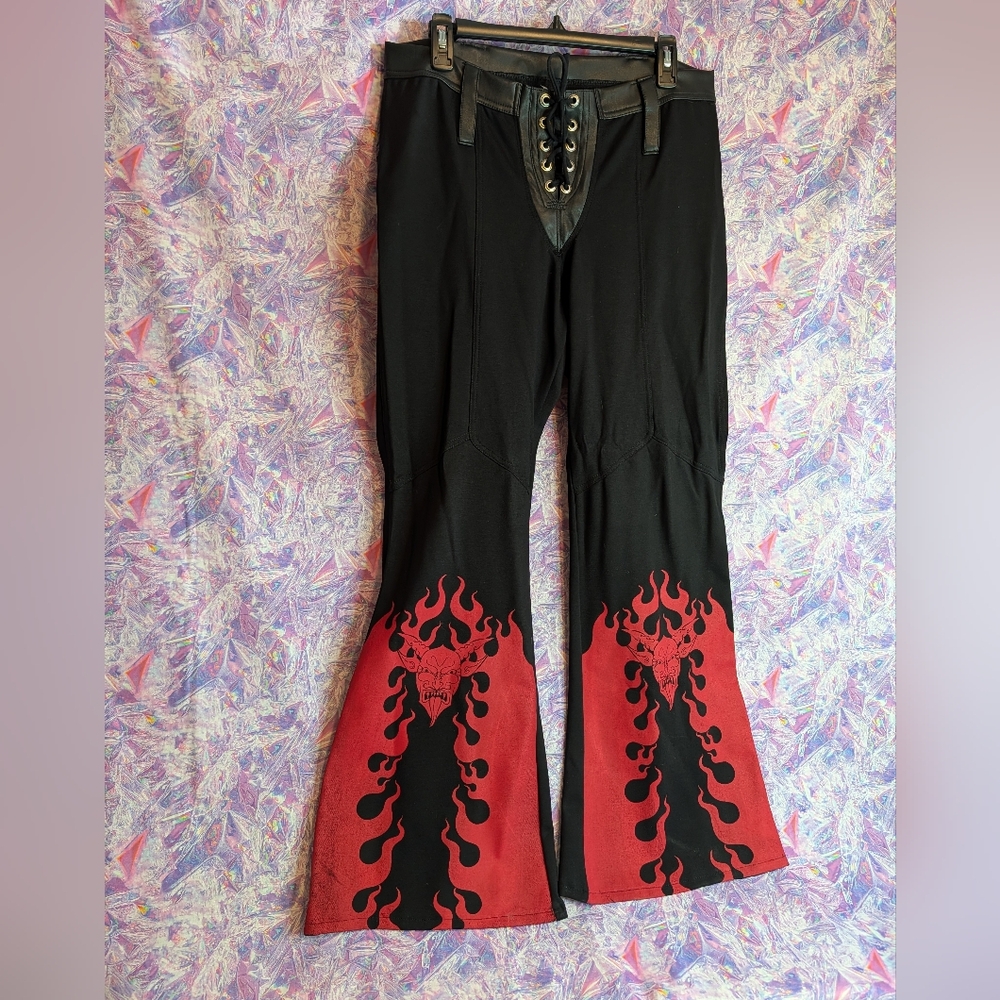 New Toxic Vision Designer Devil Screen Printed Tie Front Pants With Measurements - Picture 4 of 15